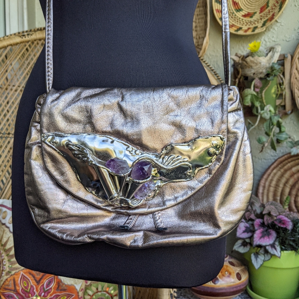 Vintage 70s Copa Collection Brutalist Art Metal Flap Crossbody Amethyst Handbag